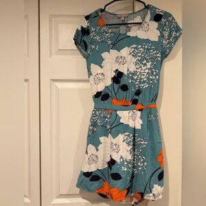 Banana Republic Floral Teal and Orange Dress with Back Vent